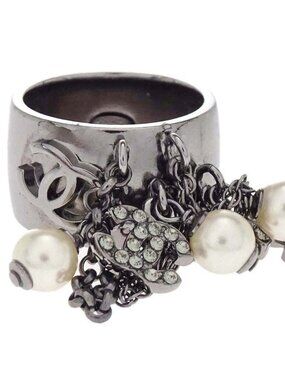 Chanel Ring Silver Rhinestone Artificial Pearl Fringe #53 10A 167864